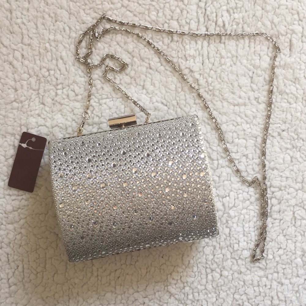 Embellished Metallic Crystal Rhinestone Crossbody Clutch with Strap Evening Bag
